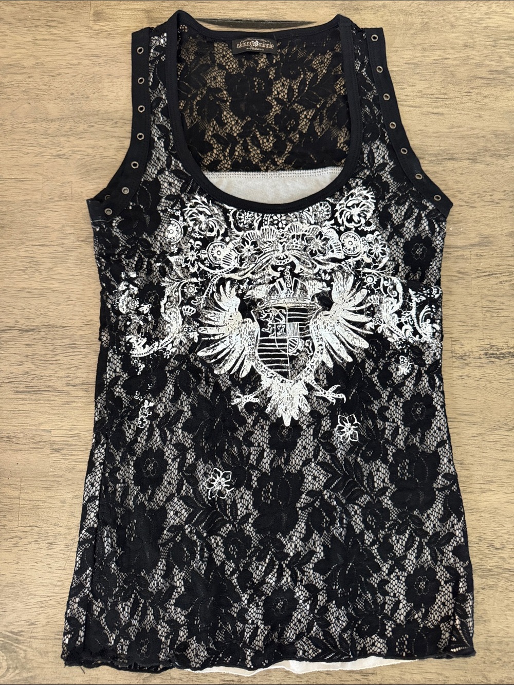 Skinny Minnie women’s black lace lined eyelet western tank top m medium cowgirl